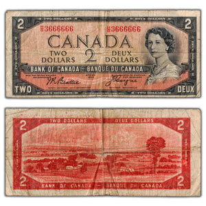SOLD $2 1954 Bank of Canada Note Devil Face H/B Prefix - Near Solid Serial 3666666