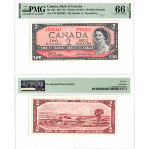 SOLD $2 1954 Bank of Canada Note V/R Prefix BC-38b - PMG Gem UNC-66 EPQ