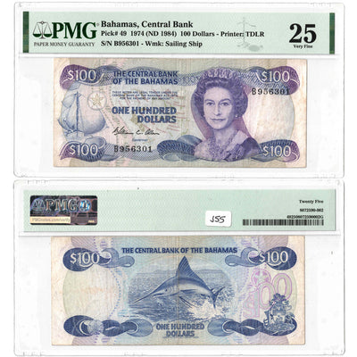 SOLD Bahamas 1974 (ND 1984) $100 Note P #49 - PMG VF-25