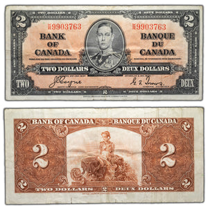 SOLD $2 1937 Bank of Canada Note Coyne-Towers K/R Prefix BC-22c - Small Edge Tears