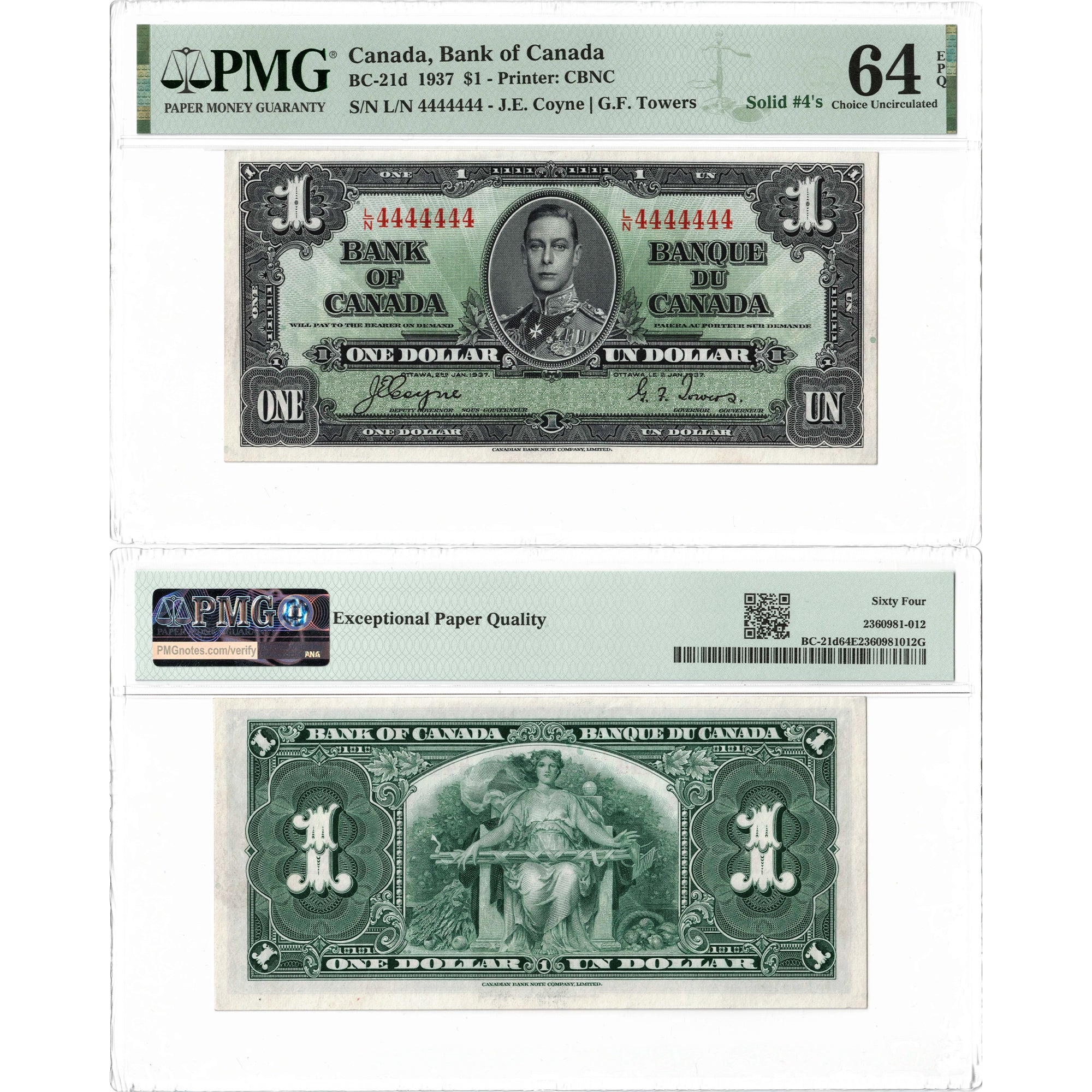 $1 1937 Bank of Canada Note Solid Serial 4444444 BC-21d - PMG Ch UNC-6 ...
