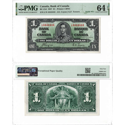 $1 1937 Bank of Canada Note Solid Serial 4444444 BC-21d - PMG Ch UNC-64 EPQ