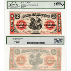 SOLD $2 1861 Bank of Clifton Chartered Note #125-12-12 - Legacy AU-53 PPQ