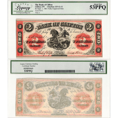 SOLD $2 1861 Bank of Clifton Chartered Note #125-12-12 - Legacy AU-53 PPQ