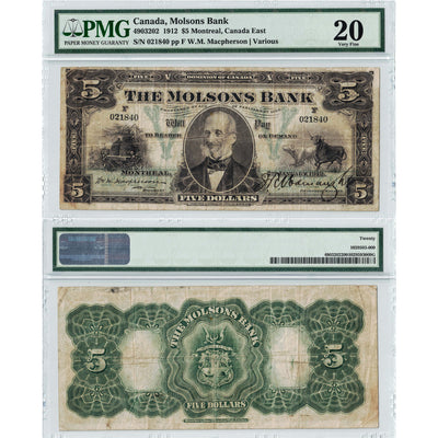 $5 1912 Molsons Bank Canada Chartered Note #490-32-02 - PMG VF-20