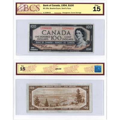 SOLD $100 1954 Bank of Canada Note Devil Face BC-35b - BCS F-15 (corner damage)
