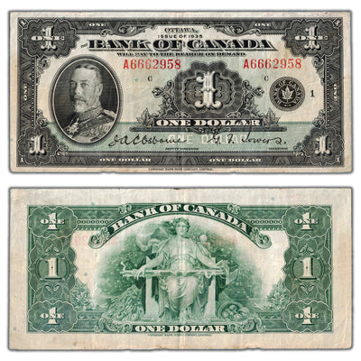 $1 1935 Bank of Canada Note English Text Letter 'A' BC-1  - VF (staining)
