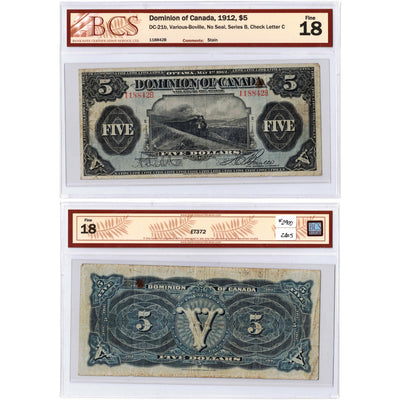 SOLD $5 1912 Dominion of Canada Note No Seal Series B DC-21b - BCS F-18 (stain)