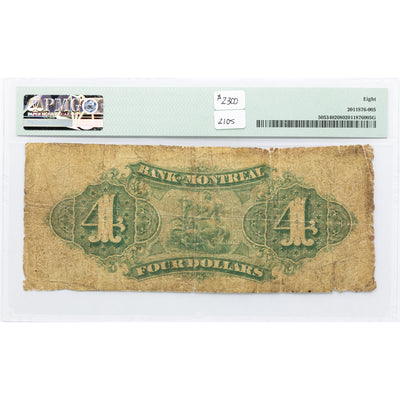 SOLD $4 1871 Bank of Montreal Canada Chartered Note #505-34-02 - PMG VG-8