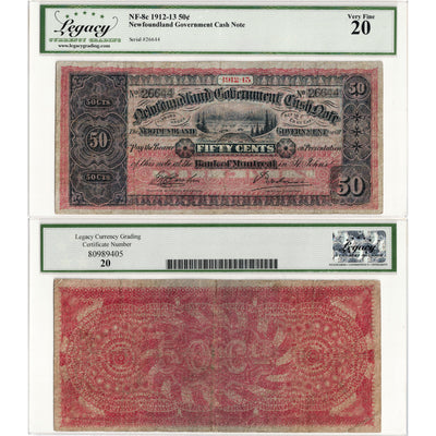 SOLD 50 Cents 1912-13 Newfoundland Government Cash Note NF-8c - Legacy VF-20