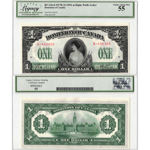 SOLD $1 1917 Dominion of Canada Note Series K ONE at Right DC-23a-ii - Legacy AU-55