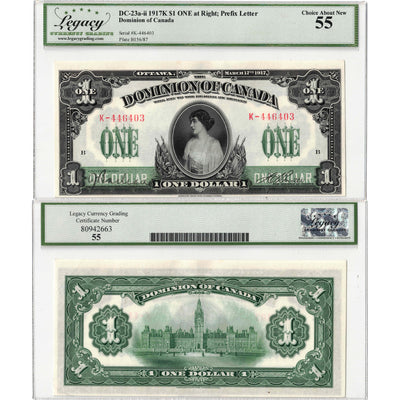 $1 1917 Dominion of Canada Note Series K ONE at Right DC-23a-ii - Legacy AU-55