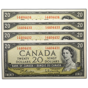 SOLD $20 1954 Bank of Canada Notes F/W Prefix BC-41b - 4 Consecutive - AU
