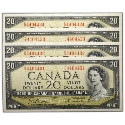 SOLD $20 1954 Bank of Canada Notes F/W Prefix BC-41b - 4 Consecutive - AU