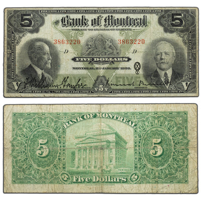 SOLD $5 1923 Bank of Montreal Canada Chartered Note #505-56-02 - Fine