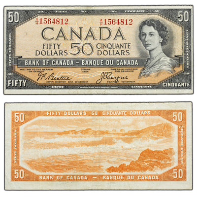 SOLD $50 1954 Bank of Canada Note Devil Face A/H Prefix BC-34b - VF
