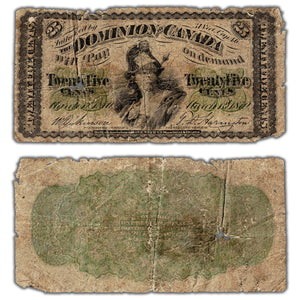 SOLD 25 Cents 1870 Dominion of Canada Shinplaster Note Letter 'B' DC-1b - AG