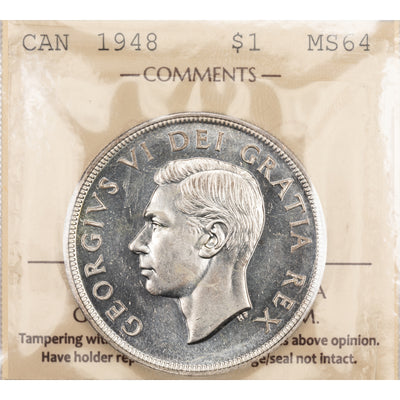 SOLD Canada 1948 $1 Silver Dollar Coin - Key Date - ICCS MS-64