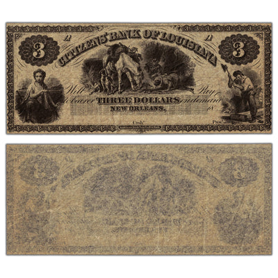 United States 1800's Citizen's Bank of Louisiana $3 Three Dollars Remainder Note