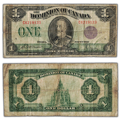 SOLD $1 1923 Dominion of Canada Note Purple Seal 6.493-6.525M DC-25k - Hole