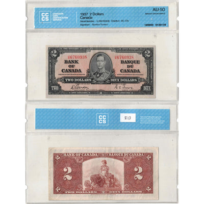 $2 1937 Bank of Canada Note Gordon-Towers U/B Prefix BC-22b - CCCS AU-50
