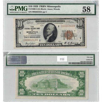 SOLD United States 1929 $10 Minneapolis National Note Fr. 1860-I - PMG AU-58