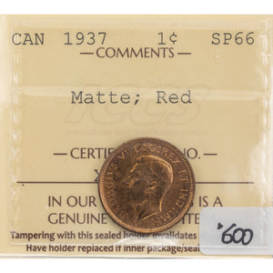 Canada 1937 1 Small Cent Coin - ICCS Matte Specimen SP-66 Red