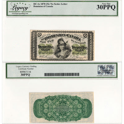 25 Cents 1870 Dominion of Canada Shinplaster Note DC-1c - Legacy VF-30 PPQ