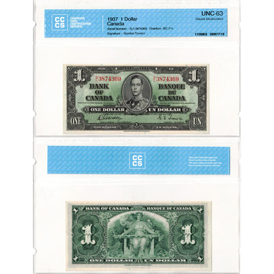 $1 1937 Bank of Canada Note Gordon-Towers D/L Prefix BC-21c - CCCS UNC-63