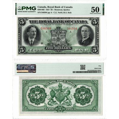 $5 1927 The Royal Bank of Canada Chartered Note #630-14-02 - PMG AU-50