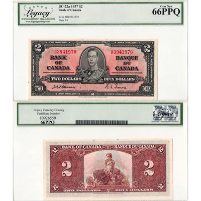 $2 1937 Bank of Canada Note Osborne Signature BC-22a - Legacy Gem UNC-66 PPQ