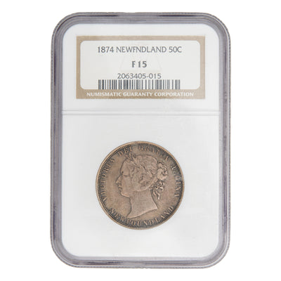 Newfoundland 1874 50 Cents Half Dollar Silver Coin - NGC F-15