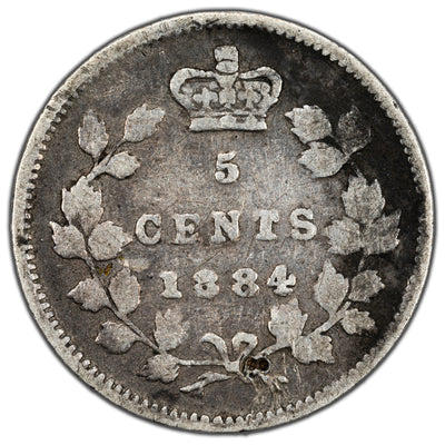 SOLD Canada 1884 5 Cents Silver Coin - Key Date - VG (minor damage)