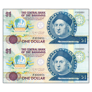 SOLD Bahamas 1992 $1 One Dollar Notes Quincentennial Commemorative - Uncut Pair