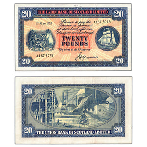SOLD Scotland Union Bank 1953 20 Twenty Pounds Note P #S818 - VF+ (light writing)
