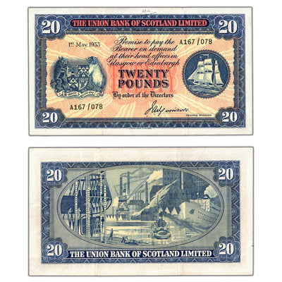 SOLD Scotland Union Bank 1953 20 Twenty Pounds Note P #S818 - VF+ (light writing)