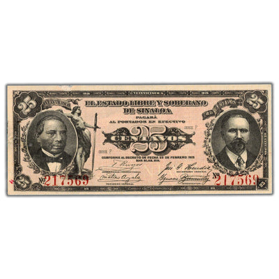 Mexico Sinaloa 1915 25 Centavos Note P #S1041 - Paper Damage