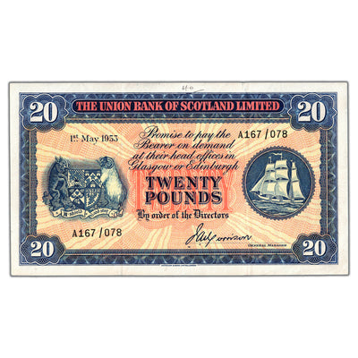 SOLD Scotland Union Bank 1953 20 Twenty Pounds Note P #S818 - VF+ (light writing)