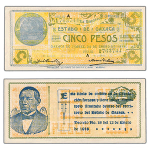 SOLD Mexico Estado De Oaxaca 1916 5 Five Pesos Note - AU+