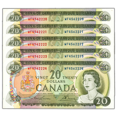 SOLD $20 1969 Bank of Canada Notes WF Prefix BC-50b - 5 Consecutive AU/UNC