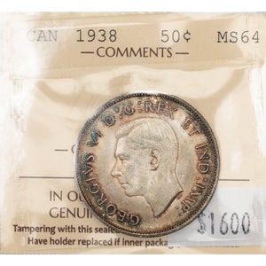 SOLD Canada 1938 50 Cents Half Dollar Silver Coin - ICCS MS-64