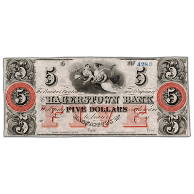 SOLD United States 1800's Hagerstown Bank Maryland $5 Five Dollars Obsolete Note - UNC