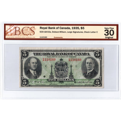 $5 1935 Royal Bank of Canada Chartered Note #630-18-02a - BCS VF-30