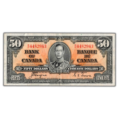 SOLD $50 1937 Bank of Canada Note Coyne-Towers B/H Prefix BC-26c - VF/EF