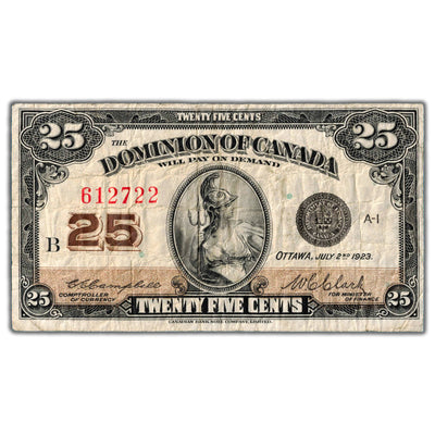 25 Cents 1923 Dominion of Canada Shinplaster Note DC-24d - F/VF
