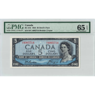 $5 1954 Bank of Canada Note Devil Face H/C Prefix BC-31b - PMG Gem UNC-65 EPQ