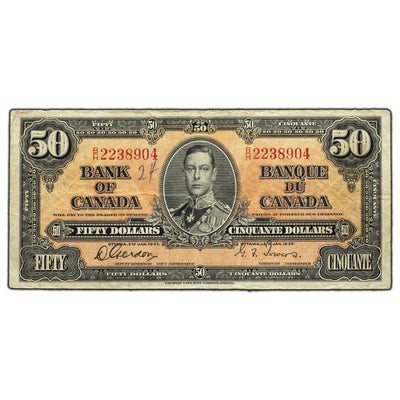 SOLD $50 1937 Bank of Canada Note Gordon-Towers B/H Prefix BC-26b - Writing