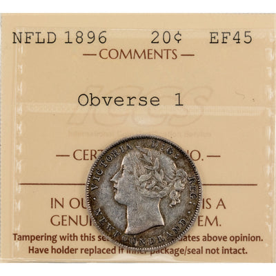 Newfoundland 1896 Obverse #1 20 Cents Silver Coin - ICCS EF-45