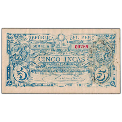 SOLD Peru 1881 50 Fifty Soles Note Overprint P #19 - VF (pinholes)