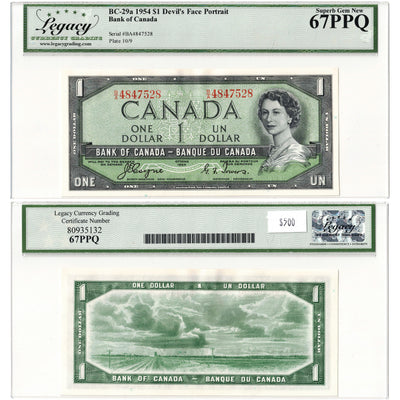 $1 1954 Bank of Canada Note Devil Face B/A Prefix BC-29a - Legacy UNC-67 PPQ
